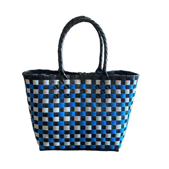 Handmade woven tote bag blue black white medium - Picture 2 of 2
